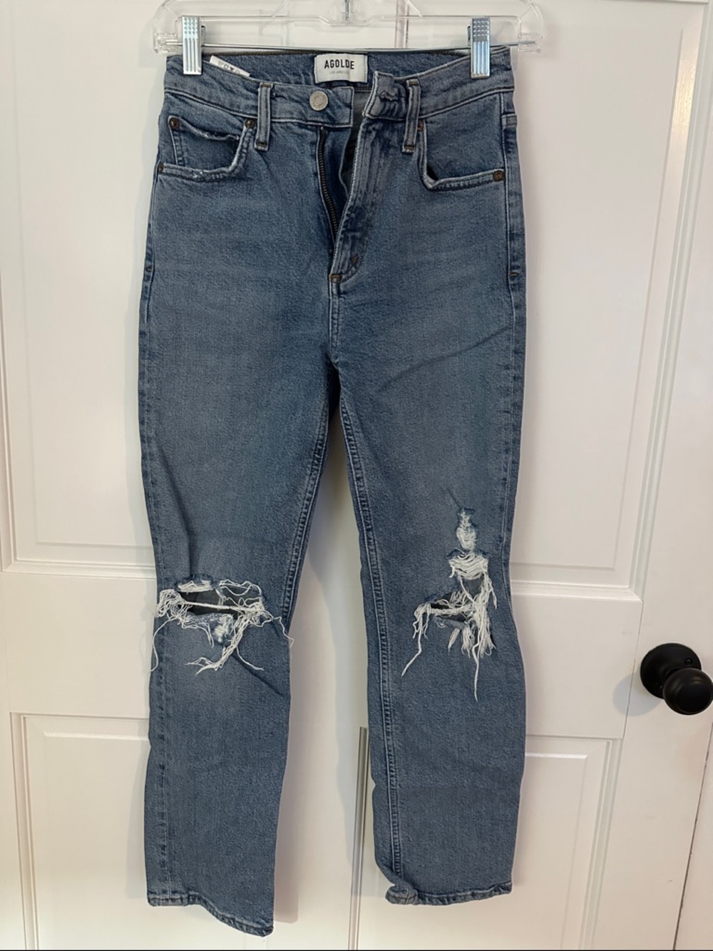 Agolde Straight Leg Distressed Jeans in Medium Blue